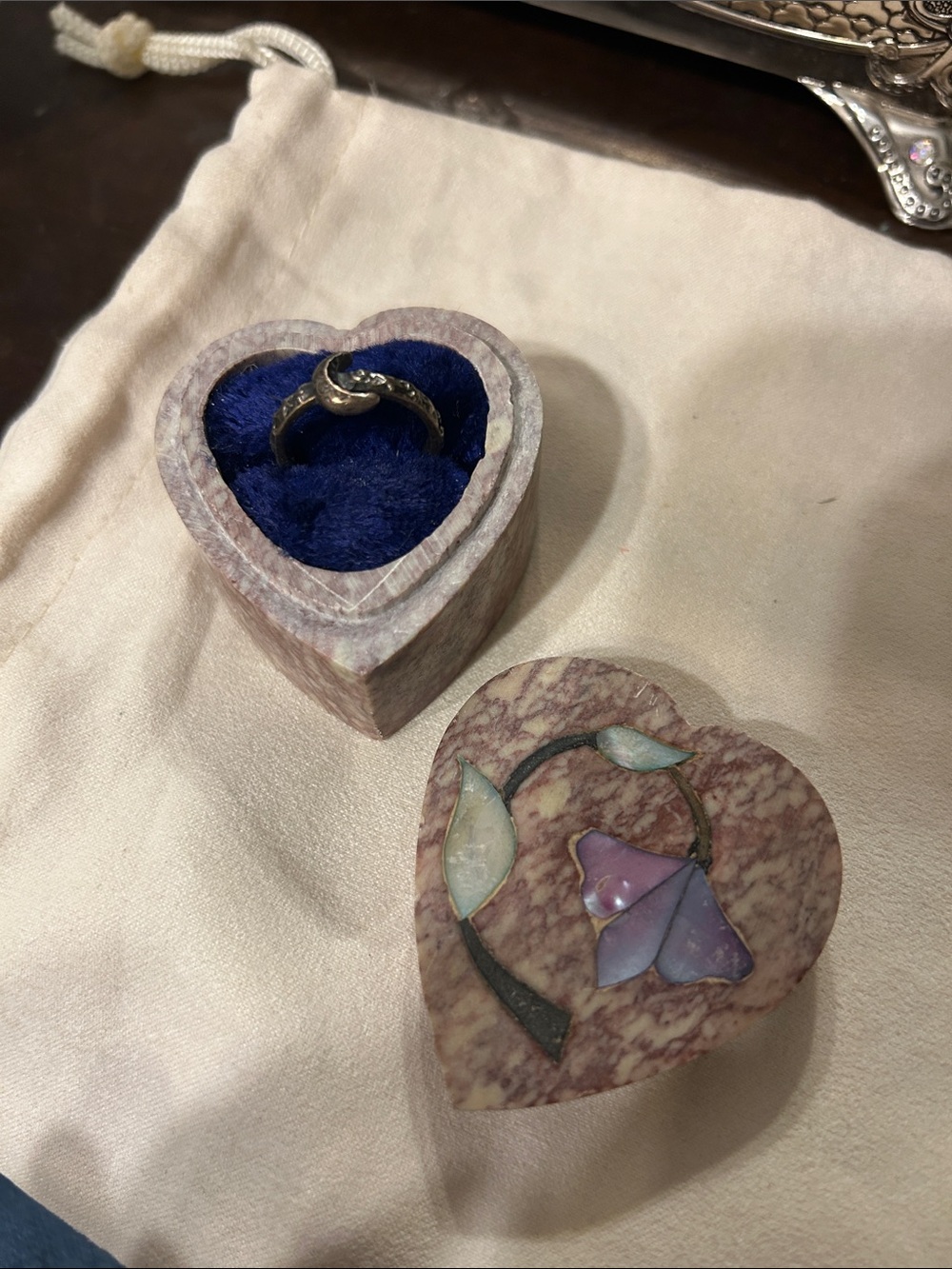 Heart-Shaped Stone Jewelry Box with Blue Velvet Ring Holder
